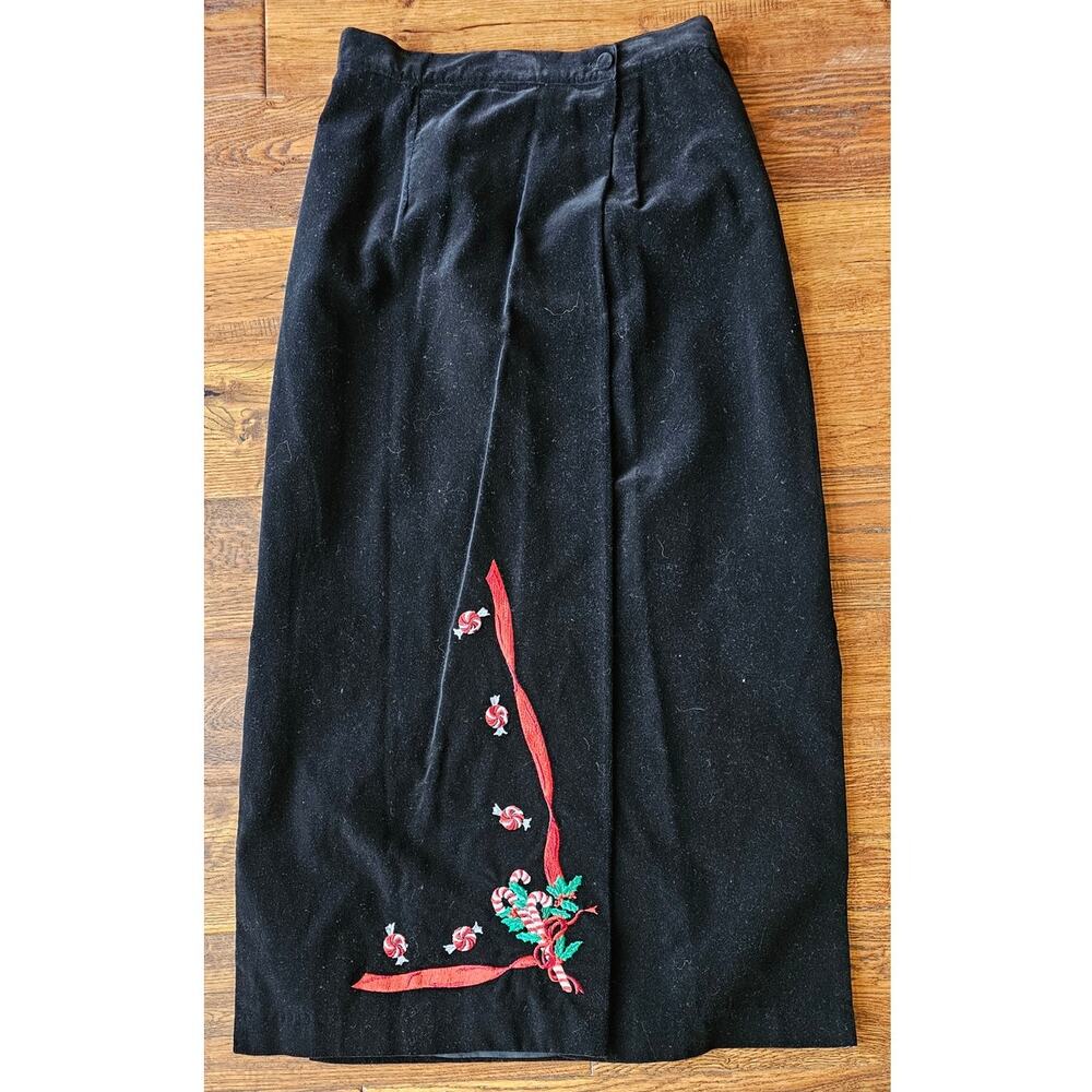 Vintage Eagle's Eye Black Velvet Christmas Holiday Maxi Skirt‎ Candy Canes 26 8